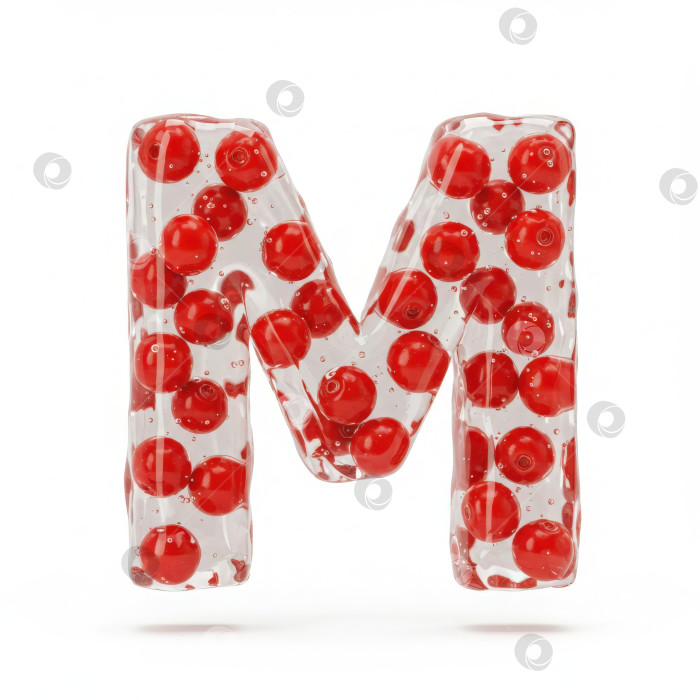 Скачать Фруктовый алфавит. Прозрачная буква М. Реалистичная форма буквы из бесцветного геля с ягодами внутри на белом фоне. фотосток Ozero