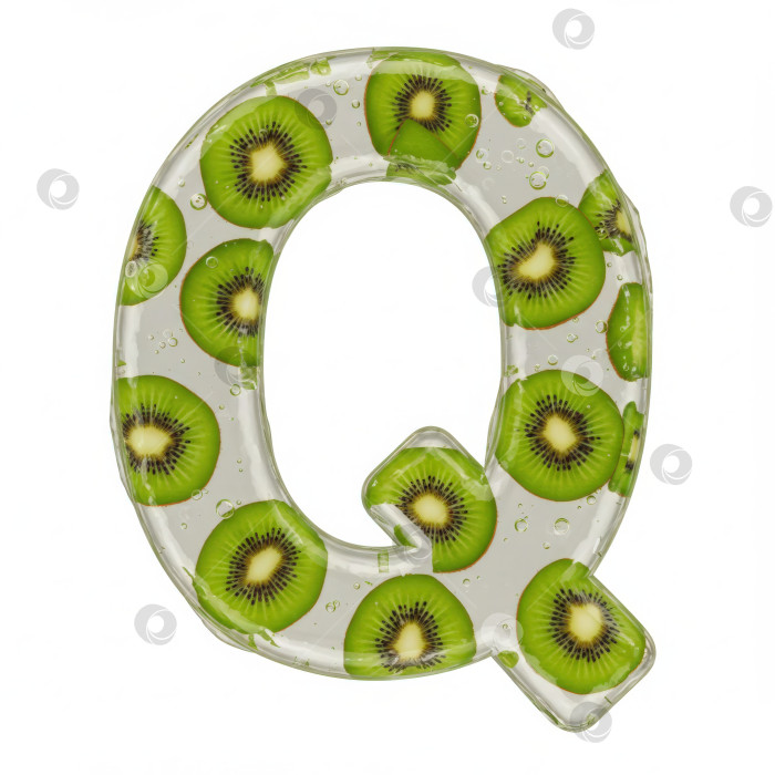 Скачать Фруктовый алфавит. Прозрачная буква Q. Реалистичная буква из бесцветного геля с ягодами внутри на белом фоне. фотосток Ozero