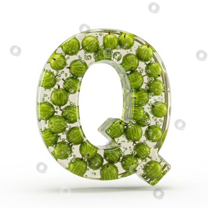 Скачать Фруктовый алфавит. Прозрачная буква Q. Реалистичная буква из бесцветного геля с ягодами внутри на белом фоне. фотосток Ozero