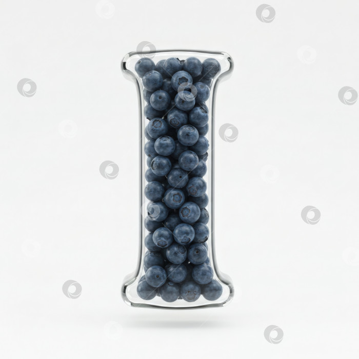 Скачать Фруктовый алфавит. Прозрачная буква I. Реалистичная форма буквы из бесцветного геля с ягодами внутри на белом фоне. фотосток Ozero