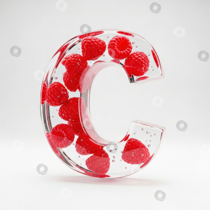 Скачать Фруктовый алфавит. Прозрачная буква С. Реалистичная форма буквы из бесцветного геля с ягодами внутри на белом фоне. фотосток Ozero