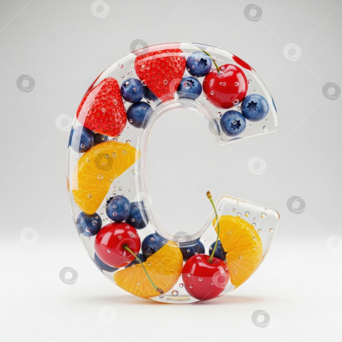 Скачать Фруктовый алфавит. Прозрачная буква С. Реалистичная форма буквы из бесцветного геля с ягодами внутри на белом фоне. фотосток Ozero