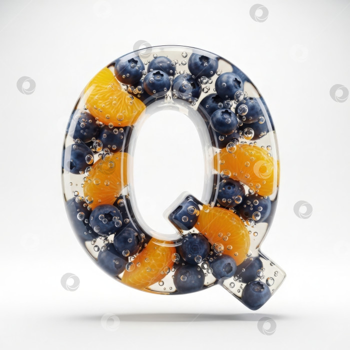 Скачать Фруктовый алфавит. Прозрачная буква Q. Реалистичная буква из бесцветного геля с ягодами внутри на белом фоне. фотосток Ozero