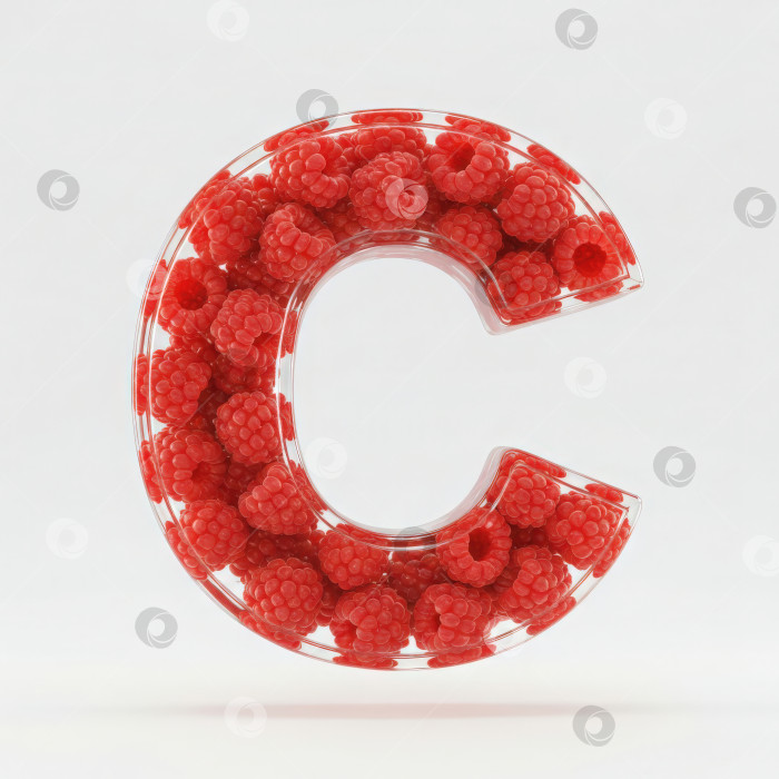 Скачать Фруктовый алфавит. Прозрачная буква С. Реалистичная форма буквы из бесцветного геля с ягодами внутри на белом фоне. фотосток Ozero