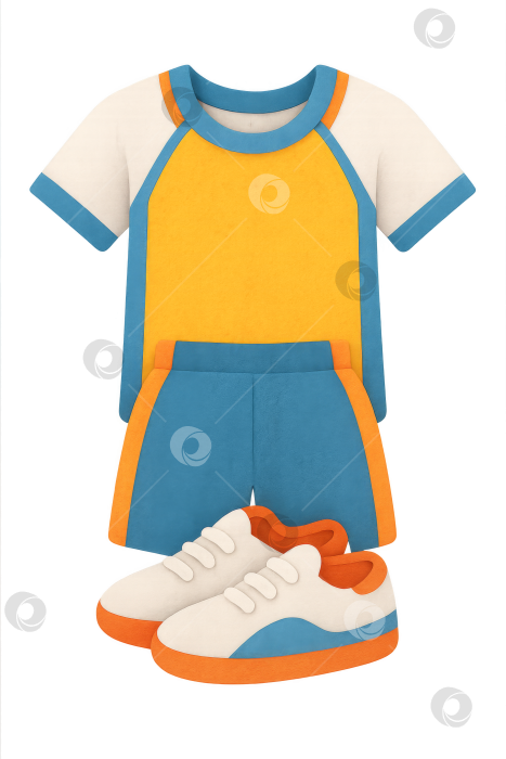 Скачать Комплект спортивной одежды с яркой футболкой, шортами и обувью на прозрачном фоне фотосток Ozero