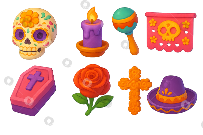 Скачать Красочный значок "День мертвых" с изображением черепа, свечи и маракасов. Выделенный на прозрачном фоне. фотосток Ozero