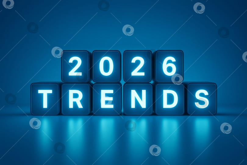 Скачать тенденции 2026 года: светящийся текст неоново-синим светом, футуристическая концепция, темный фон фотосток Ozero