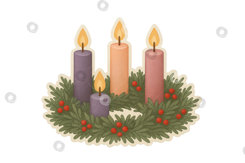 Скачать Рождественский венок с четырьмя зажженными свечами, символизирующий надежду, мир, радость и любовь. Выделено на прозрачном фоне фотосток Ozero