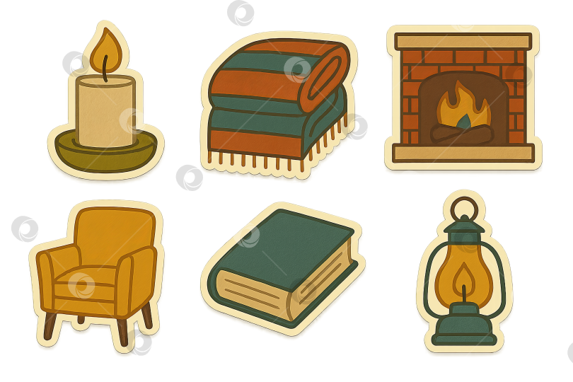 Скачать Набор осенних уютных элементов: свеча, одеяло, камин, лампа, кресло, книга. Выделено на прозрачном фоне фотосток Ozero