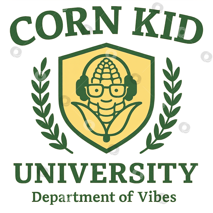 Скачать Логотип университета Corn kid, на котором изображена кукуруза в очках и наушниках. Выделено на прозрачном фоне фотосток Ozero
