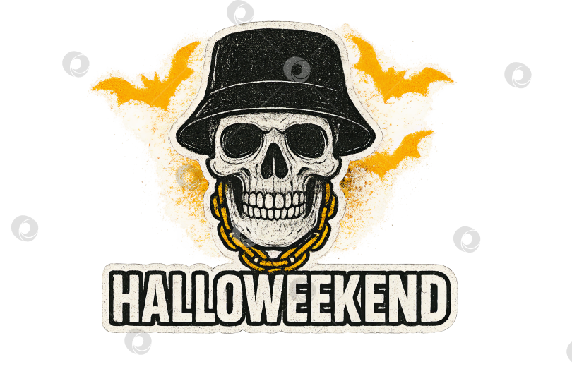 Скачать Череп на Хэллоуин с цепочкой и шляпой, текстовый дизайн в стиле готический гранж. Выделенный на прозрачном фоне фотосток Ozero