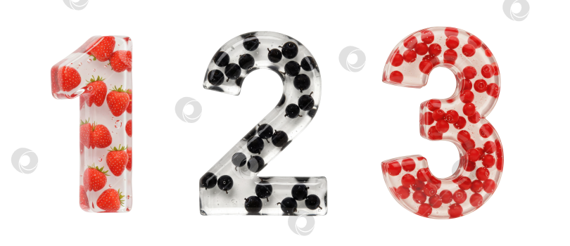 Скачать Наборы цифр 1, 2, 3 выполнены из бесцветного геля с ягодами внутри. Выделены на прозрачном фоне фотосток Ozero