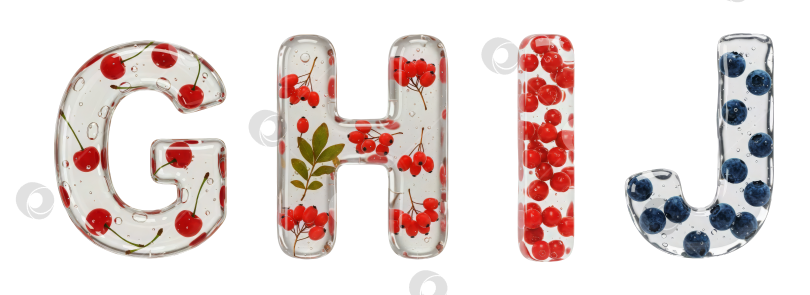 Скачать Фруктовый алфавит. Набор букв G, H, I, J. Реалистичная форма буквы из бесцветного геля с ягодами внутри на прозрачном фоне. фотосток Ozero