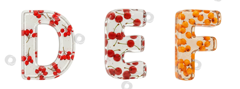 Скачать Фруктовый алфавит. Набор букв D, E, F. Реалистичная форма буквы из бесцветного геля с ягодами внутри на прозрачном фоне. фотосток Ozero