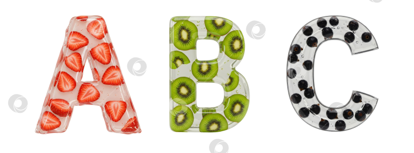 Скачать Фруктовый алфавит. Набор букв A, B, C. Реалистичная форма буквы из бесцветного геля с ягодами внутри на прозрачном фоне. фотосток Ozero