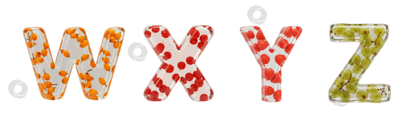 Скачать Фруктовый алфавит. Набор букв W, X, Y, Z. Реалистичная форма буквы из бесцветного геля с ягодами внутри на прозрачном фоне. фотосток Ozero