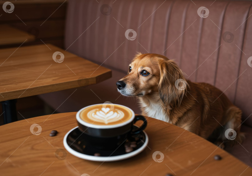 Скачать Симпатичная коричневая собачка смотрит в сторону, на деревянном столе стоит кофейная чашка с рисунком латте. фотосток Ozero