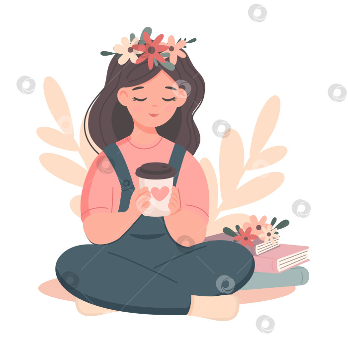 Скачать Девушка-студентка сидит с кофе и книгами в цветочном венке фотосток Ozero