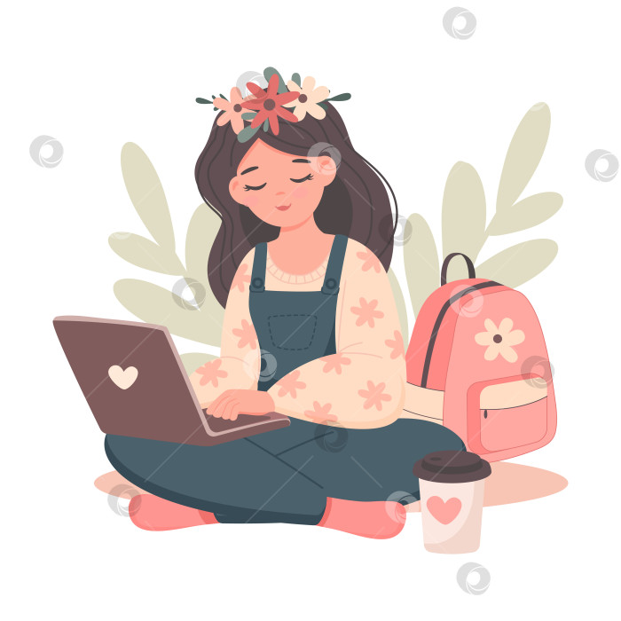 Скачать Девушка-студентка учится или работает за столешницей с кофейной чашкой. Милый плоский стиль фотосток Ozero