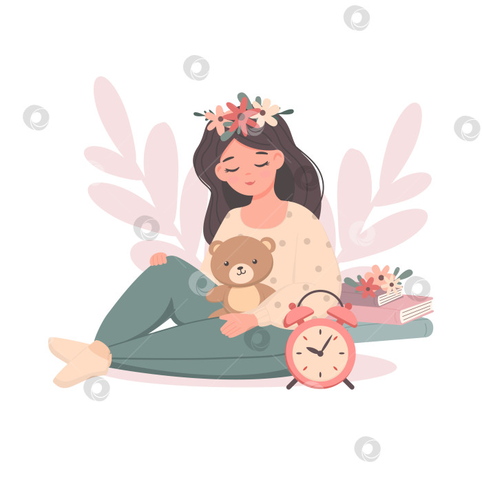 Скачать Уставшая студентка сидит с книгами, игрушечным медведем и будильником. Милый плоский стиль фотосток Ozero