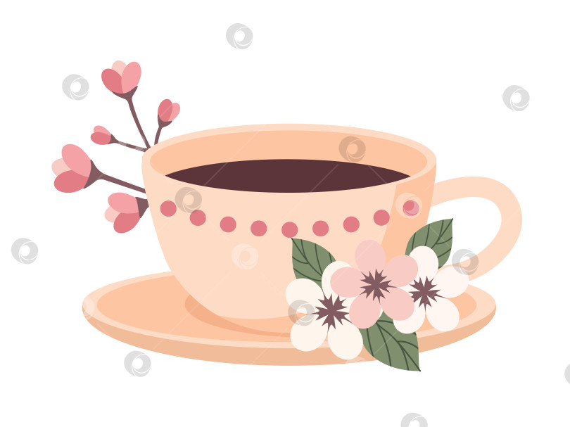 Скачать Чашка кофе, чая, какао с цветущей веткой сакуры, изолированной на белом фоне фотосток Ozero