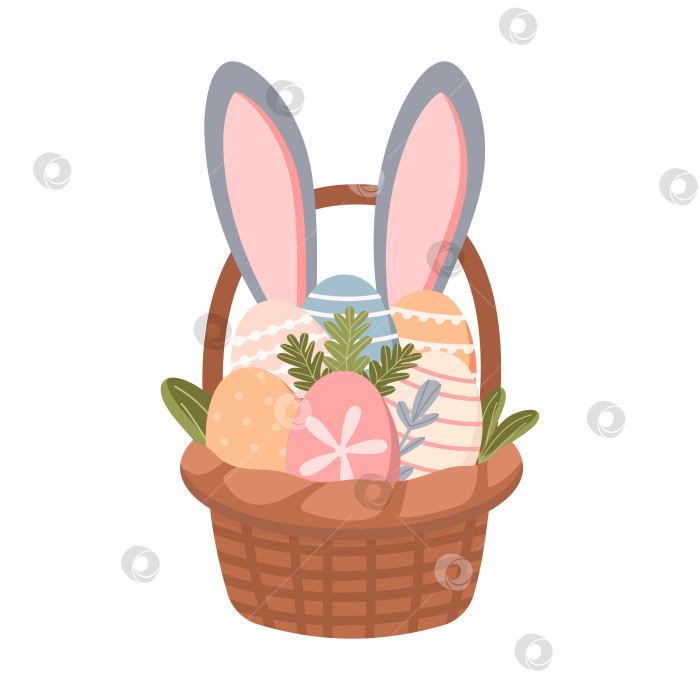 Скачать Корзина для пасхальных яиц с заячьими ушками на белом фоне. Пасхальный элемент. Векторная иллюстрация. Плоский симпатичный фасон. фотосток Ozero