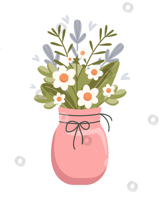 Скачать Весенние цветы в розовой вазе на белом фоне. Весенний букет. Векторная иллюстрация. Плоский симпатичный фасон. фотосток Ozero