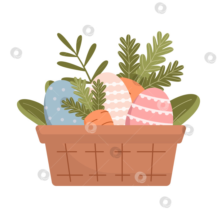 Скачать Корзина для пасхальных яиц с морковью на белом фоне. Пасхальный элемент. Векторная иллюстрация. Плоский симпатичный фасон. фотосток Ozero