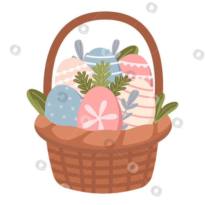 Скачать Корзина с пасхальными яйцами, выделенная на белом фоне. Пасхальный элемент. Векторная иллюстрация. Плоский симпатичный фасон. фотосток Ozero