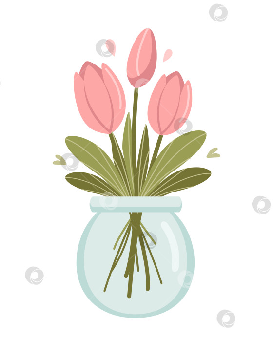 Скачать Розовые тюльпаны в стеклянной вазе на белом фоне. Весенний букет. Векторная иллюстрация. Плоский симпатичный фасон. фотосток Ozero