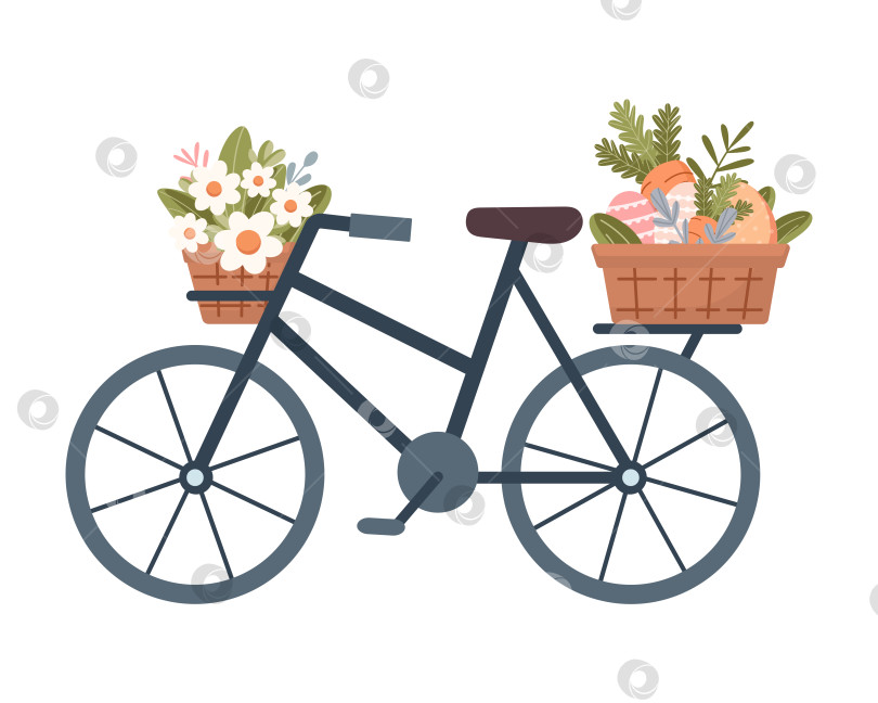 Скачать Велосипед с корзинами с пасхальными яйцами и весенними цветами на белом фоне. Пасхальный элемент. Векторная иллюстрация. Плоский симпатичный фасон. фотосток Ozero
