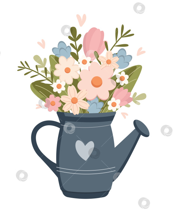 Скачать Весенние цветы в металлической лейке на белом фоне. Весенний букет. Векторная иллюстрация. Плоский симпатичный фасон. фотосток Ozero