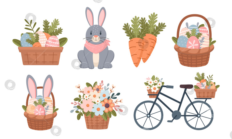 Скачать Велосипед с корзинами пасхальных яиц и весенних цветов, кролик, корзина цветов, морковь. Пасхальный набор. Векторная иллюстрация. Плоский симпатичный фасон. фотосток Ozero