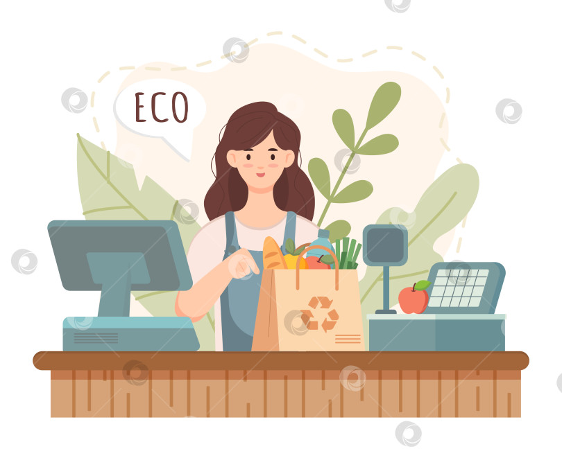 Скачать Кассир экологически чистого магазина. Женщина дарит экологически чистую сумку. Выделено на белом фоне фотосток Ozero