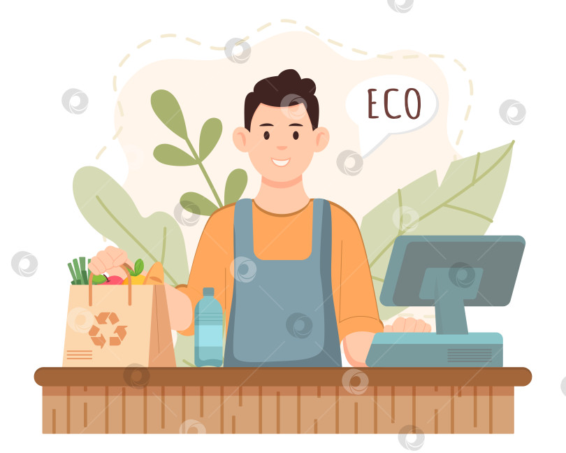 Скачать Кассир экологически чистого магазина. Мужчина дарит экологически чистую сумку. Выделено на белом фоне фотосток Ozero