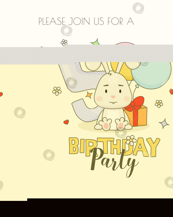 Скачать Красочный шаблон пригласительного билета на 5-й день рождения с милым кроликом, подарочной коробкой и воздушными шарами. фотосток Ozero