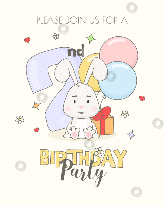 Скачать Красочный шаблон пригласительного билета на 2-й день рождения с милым кроликом, подарочной коробкой и воздушными шарами. фотосток Ozero