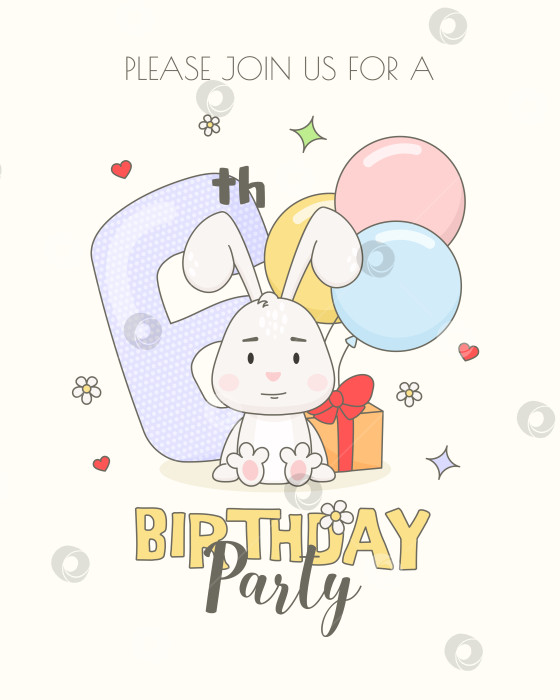 Скачать Красочный шаблон пригласительного билета на 6-й день рождения с милым кроликом, подарочной коробкой и воздушными шарами. фотосток Ozero