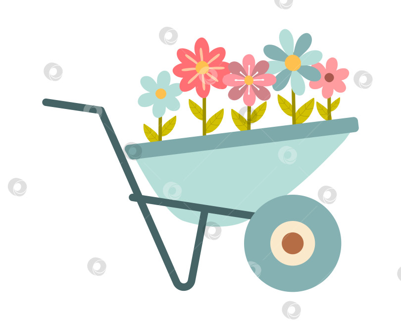Скачать Милые простые весенние цветы в садовой тележке, выделенные на белом фоне. Векторная иллюстрация в плоском стиле фотосток Ozero