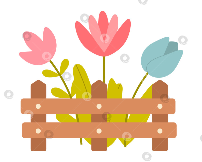 Скачать Милые простые весенние цветы за забором, выделенные на белом фоне. Векторная иллюстрация в плоском стиле фотосток Ozero