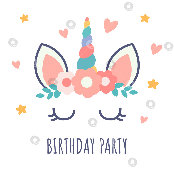 Скачать Голова единорога с рогом и цветочным букетом. Дизайн для пригласительных, открыток на день рождения. Милый плоский дизайн фотосток Ozero