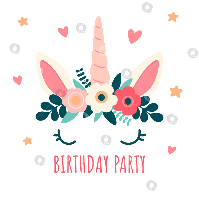 Скачать Голова единорога с рогом и цветочным букетом. Дизайн для пригласительных, поздравительных открыток. Милый плоский дизайн фотосток Ozero