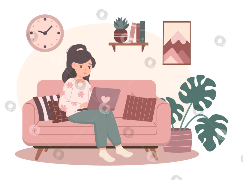 Скачать Женщина сидит на диване и работает или изучает онлайн с помощью ноутбука. Плоская иллюстрация фотосток Ozero