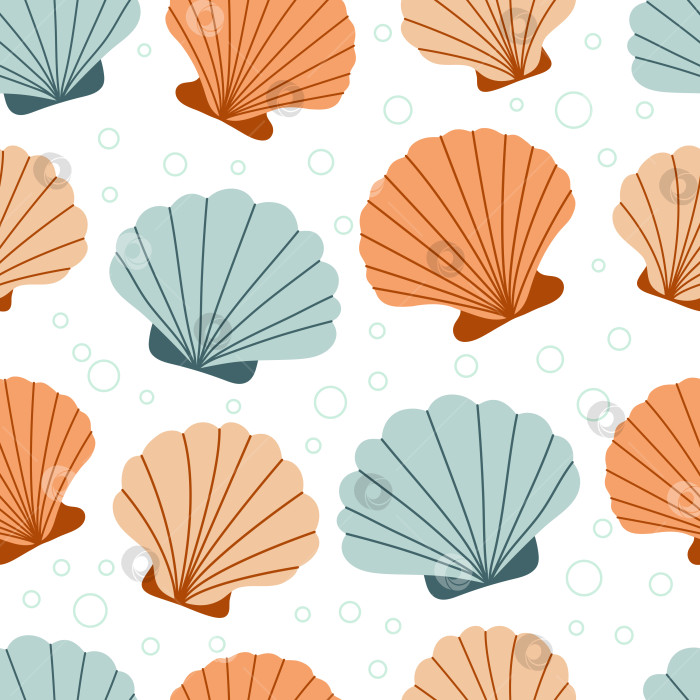 Скачать Бесшовный узор из ракушек. Модный фон из ракушек для оберточной бумаги, полотна, текстиля. Морской декор. Плоский стиль фотосток Ozero