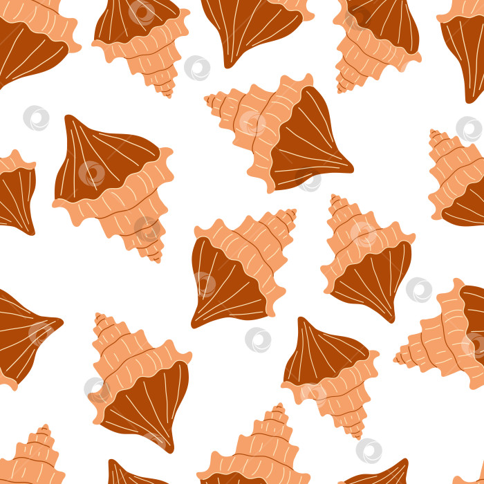 Скачать Бесшовный узор из ракушек. Модный фон из ракушек для оберточной бумаги, полотна, текстиля. Морской декор. Плоский стиль фотосток Ozero