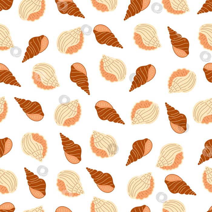 Скачать Бесшовный узор из ракушек. Модный фон из ракушек для оберточной бумаги, полотна, текстиля. Морской декор. Плоский стиль фотосток Ozero