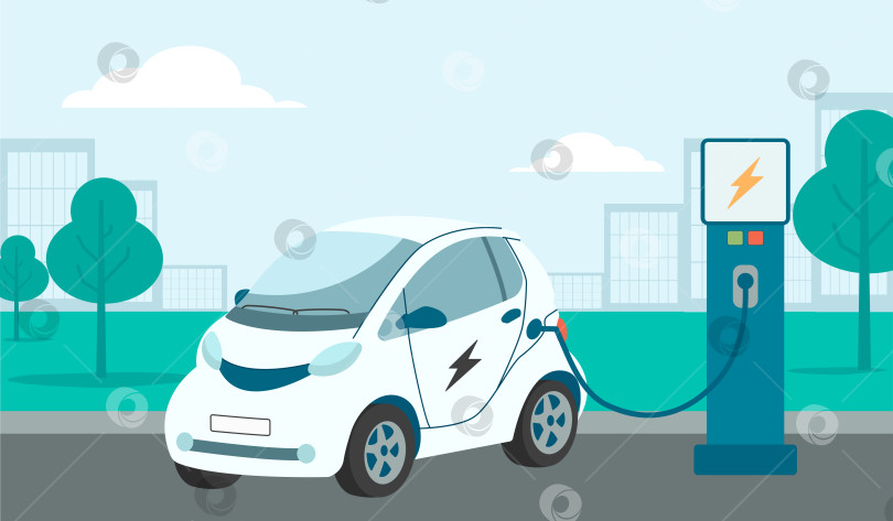 Скачать Иллюстрация зарядки электромобиля. Концепция экологически чистой энергии. Плоский стиль фотосток Ozero