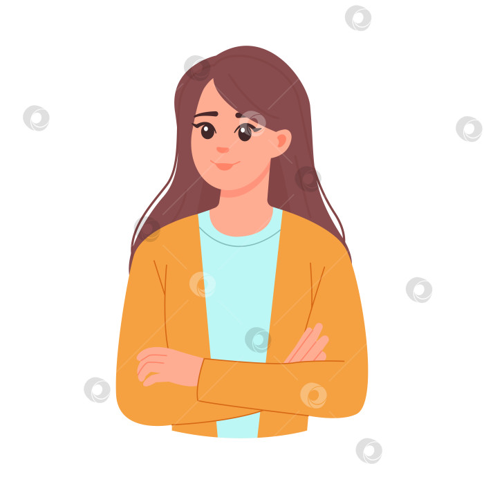 Скачать Улыбающаяся девушка, женщина стоит со скрещенными руками, изолированная на белом фоне фотосток Ozero