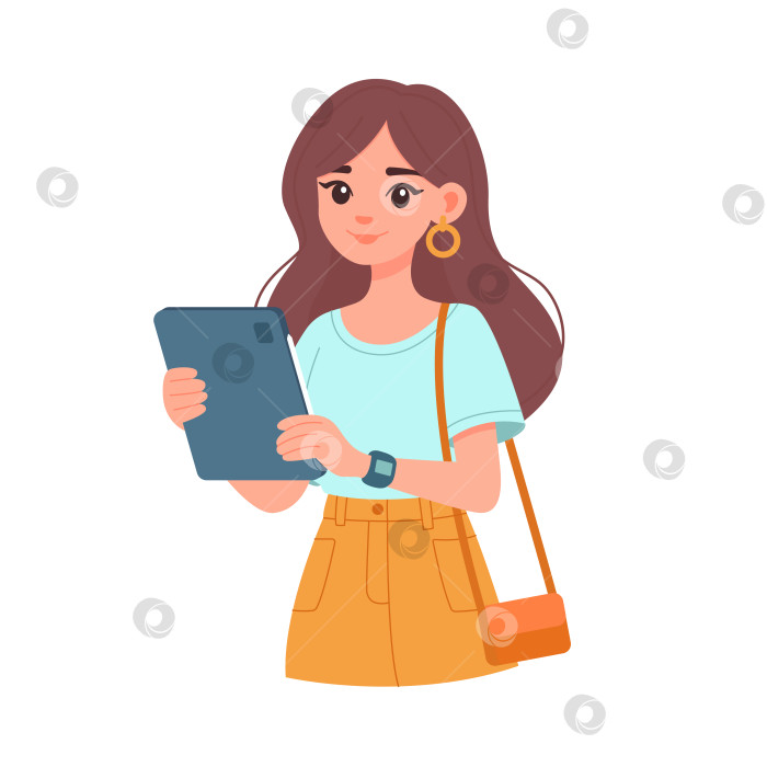 Скачать Девушка с гаджетом в руках, занимающаяся серфингом в Интернете с помощью планшета, выделенного на белом фоне. Концепция онлайн-общения. Женщина с устройствами. Плоская векторная иллюстрация фотосток Ozero
