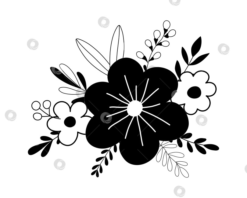 Скачать Нарисованная от руки ветка каракуля с цветами и листьями, выделенными на белом фоне фотосток Ozero
